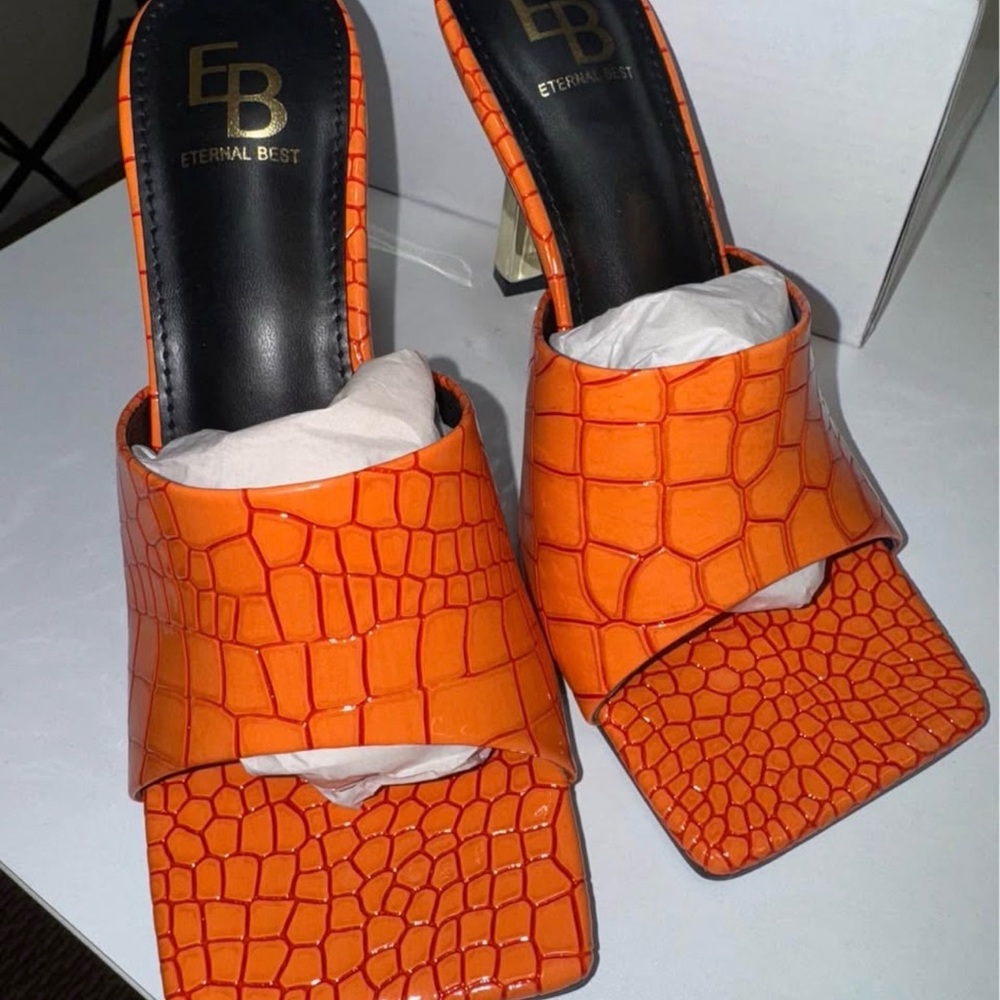 Orange Croc-Embossed Women's Mules